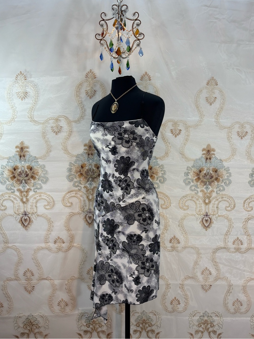 ✨Vintage Y2K Boho Black & White Floral & Lace Print Asymmetrical Midi Dress✨